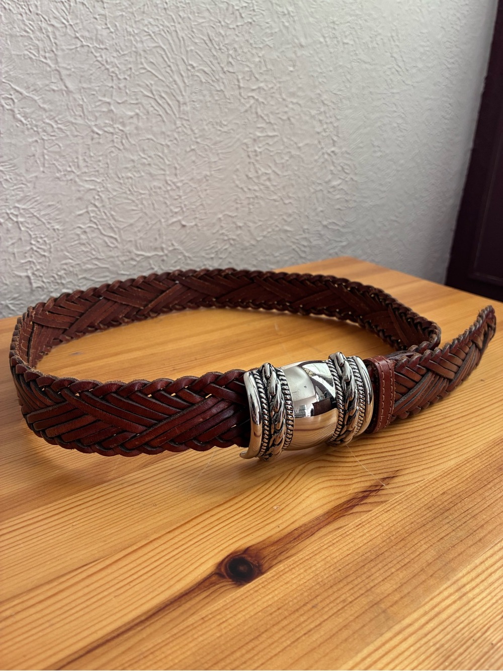 ANN TAYLOR Vintage Braided Leather Belt Silver Western Buckle Made in Turkey